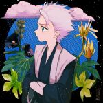  1boy absurdres black_background black_flower black_kimono bleach blue_eyes cloud crossed_arms flower from_side highres hitsugaya_toushirou japanese_clothes jou_(jo_jjo) kimono leaf looking_ahead plant rain raincloud short_hair sleeveless_haori solo white_hair white_haori wide_sleeves yellow_flower 