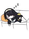  1girl black_hair blue_archive chibi closed_eyes couch habit head_on_pillow highres hinata_(blue_archive) lying on_side outstretched_arm sleeping solo thighhighs tog&#039; 