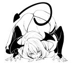  1girl akino_sora all_fours bat_wings demon_girl demon_tail fingerless_gloves gloves greyscale head_wings highres licking licking_floor looking_at_viewer monochrome original sidelocks sketch tail thighhighs thong tongue tongue_out top-down_bottom-up white_background wings 