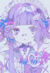  1girl @_@ absurdres bandaid bandaid_on_face bandaid_on_nose blunt_bangs bow choker grey_background heart highres long_hair looking_at_viewer maid_headdress original purple_bow purple_choker purple_eyes purple_hair purple_theme sidelocks slept_sui solo upper_body 