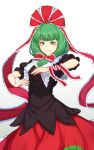  1girl arm_ribbon bow frilled_ribbon frills front_ponytail green_eyes green_hair hair_bow hair_ribbon highres kagiyama_hina kakone looking_at_viewer red_bow red_ribbon red_skirt ribbon simple_background skirt smile solo touhou white_background 