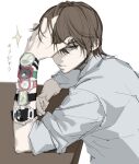  1boy absurdres black_eyes brown_hair closed_mouth death_note derivative_work falsa_azu grey_shirt hand_in_own_hair hand_on_own_head highres looking_at_viewer male_focus multiple_wristwatches sanpaku shirt short_hair simple_background sketch solo sparkle table too_many_wristwatches upper_body watch white_background wristwatch yagami_light 