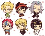  6+boys belt black_coat black_hair black_pants blonde_hair blunt_bangs braid brown_eyes bruno_bucciarati chibi chibi_only closed_mouth coat full_body giorno_giovanna green_jacket grey_eyes grey_hair guido_mista index_finger_raised jacket jojo_no_kimyou_na_bouken kotorai leone_abbacchio long_sleeves looking_back midriff multiple_boys narancia_ghirga pannacotta_fugo pants red_headwear short_hair star_(symbol) twitter_username white_background white_jacket white_pants 