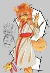 accessory anthro asian_clothing bangs bell bell_bow big_hair blumbino bottomwear bow_ribbon brown_eyes canid canine ceroba_(undertale_yellow) clothing east_asian_clothing female fluffy fluffy_tail fox frown hair hair_accessory hair_bow hair_ribbon hi_res japanese_clothing kimono looking_at_viewer mammal multicolored_clothing multicolored_kimono multicolored_yukata obi pigeon_toed pleated_skirt ponytail pose red_clothing red_hair red_kimono red_yukata ribbons side_bangs skirt solo staff tail two_tone_clothing two_tone_kimono two_tone_yukata undertale_yellow whiskers white_clothing white_kimono white_yukata yukata