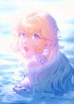  1girl blonde_hair blue_eyes earrings highres jewelry long_hair mario_(series) mermaid_peach mong_(mong_milo) necklace official_alternate_costume partially_submerged pearl_earrings pearl_necklace pink_lips portrait princess_peach princess_peach:_showtime! solo sphere_earrings water 