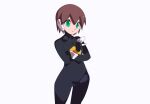  1girl aile_(mega_man_zx) black_bodysuit blue_footwear bodysuit breasts brown_hair collarbone commentary_request green_eyes jacket kaidou_zx mega_man_(series) mega_man_zx robot_ears short_hair simple_background small_breasts white_background 