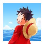  1boy ^_^ back black_hair closed_eyes commentary happy hat male_focus mo01234ri monkey_d._luffy ocean one_piece scar scar_on_face short_hair sky smile solo straw_hat symbol-only_commentary 