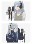 2girls blue_eyes blue_hair blue_jacket border commentary_request dress emon_(maguro03_ice) floral_print green_dress hand_on_headphones hands_on_headphones headphones highres hinomori_shizuku jacket light_blue_hair long_hair microphone microphone_stand mole mole_under_mouth multiple_girls open_mouth pinafore_dress project_sekai shirt sleeveless sleeveless_dress studio_microphone swept_bangs white_border white_shirt yoisaki_kanade 