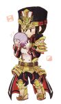  1girl :&lt; armor asozan_(cocomil) black_hair black_headwear black_jacket black_pants boots breasts chibi closed_mouth full_body gloves hair_between_eyes hat holding jacket knee_boots long_sleeves military_hat morag_ladair_(xenoblade) pants pauldrons puffy_pants shoulder_armor simple_background small_breasts solo sparkle standing white_background white_footwear white_gloves xenoblade_chronicles_(series) xenoblade_chronicles_2 