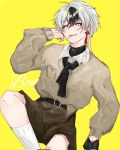  1boy bishounen black_gloves black_hair cigarette earrings gloves hand_up highres jewelry male_focus multicolored_hair neckerchief necktie_iv14 original short_hair shorts simple_background socks solo streaked_hair thighs white_hair yellow_background 