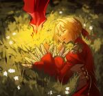  1girl absurdres aestus_estus ahoge blonde_hair blurry braid braided_bun clenched_hands closed_eyes commentary depth_of_field dress epaulettes fate/extra fate/grand_order fate_(series) flower frilled_sleeves frills gold_trim grass hair_between_eyes hair_bun hair_intakes hair_ribbon hands_up highres juliet_sleeves long_sleeves lying nero_claudius_(fate) nero_claudius_(fate/extra) on_grass on_side parted_lips planted planted_sword puffy_sleeves red_dress red_ribbon ribbon sleeping solo sword upper_body weapon zuraa_(naunau_seijin) 