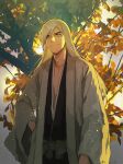  1boy :| absurdres belt black_kimono bleach blonde_hair closed_mouth cowboy_shot green_eyes hand_on_own_hip highres japanese_clothes jou_(jo_jjo) kimono leaf solo standing tree ukitake_juushirou white_belt white_hair white_haori 