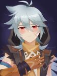  1boy ahoge bishounen blush bone_necklace genshin_impact gloves grey_hair highres hood long_hair male_focus orange_gloves razor_(genshin_impact) red_eyes scar scar_on_face simotuki smile solo upper_body 