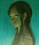  1girl aonuma_neiru aqua_background bare_shoulders dark-skinned_female dark_skin expressionless eyelashes gradient_background green_background green_eyes green_theme highres jya_yan lips long_hair looking_ahead looking_at_viewer messy_hair nose nude parted_lips portrait solo wet wonder_egg_priority 