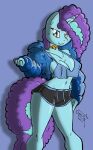 anthro anthrofied blue_body blue_fur bottomwear breasts choker cleavage clothed clothing equid equine fur hasbro horn hotpants jewelry mammal misty_brightdawn_(mlp) mlp_g5 my_little_pony mythological_creature mythological_equine mythology necklace purpel_hair purple_background shorts simple_background solo theburningdonut unicorn