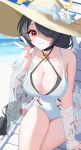  absurdres arm_up beach_chair black_hair blue_archive blue_ribbon breasts flower hair_over_one_eye halo halterneck hat hat_flower hat_ribbon highres hinata_(blue_archive) hinata_(swimsuit)_(blue_archive) large_breasts light_smile loais one-piece_swimsuit red_eyes ribbon sun_hat swimsuit v 