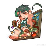  1boy bara blush_stickers christmas deformed facial_hair feet full_body gift goatee green_hair green_overalls highres holding holding_gift huge_eyebrows looking_at_viewer male_focus muscular muscular_male oc_(kn) original plump short_hair sideburns simple_background solo thick_eyebrows wutang 
