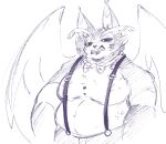 anthro belly bow_tie clenched_teeth clothed clothing demon digital_media_(artwork) domestic_cat ears_up felid felid_demon feline felis fur hazbin_hotel husk_(hazbin_hotel) male mammal muscular overweight overweight_anthro overweight_male partially_clothed scarythesustire simple_background sketch solo suspenders teeth topless wings