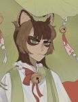 aegyo_sal ambiguous_gender animal_humanoid bangs bell brown_hair canid canid_humanoid canine canine_humanoid clothing facial_markings frown green_eyes hair head_markings hi_res humanoid inner_ear_fluff kadi leaf light_body light_skin mammal mammal_humanoid markings neck_bow nu:_carnival plant shirt solo tanuki_(nu:_carnival) tanuki_humanoid topwear tuft