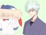  2boys akagi:_yami_ni_oritatta_tensai akagi_shigeru arm_hair black_shirt blue_sailor_collar closed_mouth collared_shirt commentary_request fugusashi_(fgss2089) fukumoto_mahjong gloom_(expression) green_background grey_hair grey_shirt highres holding holding_clothes holding_shirt looking_at_another male_focus medium_bangs multiple_boys nangou_(akagi) neckerchief red_eyes red_neckerchief sailor_collar school_uniform serafuku shirt short_hair simple_background solo_focus undershirt upper_body 