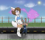 2017 anthro bottomwear brown_hair clothing crop_top digital_media_(artwork) disney duo english_text exhibitionism fellatio female fuyu_graycen girly hair hi_res hybrid hypnosis judy_hopps lagomorph leporid male mammal mind_control mortimer_todd oral outside penile rabbit sex shirt shorts size_difference spiral_eyes text topwear white_body zootopia