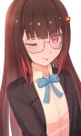  1girl :p absurdres arms_at_sides black-framed_eyewear black_jacket blazer blue_ribbon blunt_bangs blush brown_hair closed_mouth collared_shirt film_grain glasses hair_ornament hairclip hatake_(hqtake11) highres honkai:_star_rail honkai_(series) jacket long_hair looking_at_viewer neck_ribbon one_eye_closed open_clothes open_jacket pink_eyes red_hair ribbon school_uniform shirt sidelocks simple_background smile solo sparkle_(honkai:_star_rail) straight_hair tongue tongue_out upper_body white_background white_shirt 