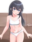  1girl ame-san asashio_(kancolle) black_hair blue_eyes commentary_request couch cowboy_shot dated highres kantai_collection midriff navel panties sitting solo sports_bra twitter_username underwear underwear_only white_panties white_sports_bra 