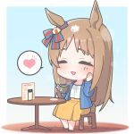  1girl animal_ears blue_ribbon blush chair chibi closed_eyes commentary cup ear_ribbon grass_wonder_(umamusume) hand_on_own_cheek hand_on_own_face hands_up heart highres holding holding_cup horse_ears horse_girl horse_tail light_brown_hair long_hair long_sleeves menu multicolored_hair no_nose on_chair open_clothes open_mouth red_ribbon ribbon shirt sitting skirt smile solo sparkle spoken_heart steam streaked_hair table tail umamusume warashi white_ribbon white_shirt yellow_skirt 