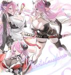  :d apron black_dress black_thighhighs blue_eyes braid breasts cleavage cleavage_cutout clothing_cutout coat demon_horns dress granblue_fantasy hair_ornament hair_over_one_eye highres holding holding_sword holding_weapon horns huge_breasts katana kyuri_tizu narmaya_(granblue_fantasy) pink_hair plump pointy_ears red_coat robe side_braid single_thighhigh smile sword thigh_strap thighhighs wavy_hair weapon whisk white_apron white_robe 