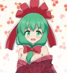  1girl bare_shoulders bow breasts cato_(monocatienus) floral_print floral_print_kimono frilled_bow frilled_ribbon frills front_ponytail green_eyes green_hair hair_bow hair_ribbon highres japanese_clothes kagiyama_hina kimono looking_at_viewer open_mouth red_bow red_kimono red_ribbon ribbon smile solo touhou upper_body 