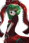  @_@ arm_ribbon bow dress frilled_bow frilled_ribbon frills front_ponytail green_eyes green_hair hair_bow hair_ribbon highres kagiyama_hina looking_at_viewer open_mouth puffy_short_sleeves puffy_sleeves red_bow red_dress red_ribbon ribbon short_sleeves simple_background smile touhou white_background yu_karaageudon 