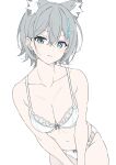 1girl animal_ear_fluff animal_ears bare_shoulders blue_archive blue_eyes blush bra breasts cleavage collarbone cross cross_hair_ornament earrings extra_ears grey_hair hair_ornament hashtag_only_commentary highres inverted_cross jewelry looking_at_viewer masabodo medium_breasts mismatched_pupils navel panties shiroko_(blue_archive) short_hair simple_background solo stud_earrings underwear upper_body white_background white_bra white_panties wolf_ears wolf_girl 