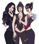  3girls absurdres baldur&#039;s_gate baldur&#039;s_gate_3 braid dragon_age dragon_age:_origins dress dungeons_and_dragons elf highres long_braid mindflayer morrigan_(dragon_age) multi-tied_hair multiple_girls pointy_ears scar scar_on_face scar_on_nose shadowheart_(baldur&#039;s_gate) smile the_witcher_(series) tiefling yellow_eyes yennefer_of_vengerberg ykshelter 