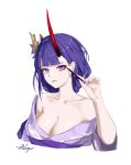  1girl bare_shoulders breasts chaciooh cleavage collarbone commentary_request cosplay genshin_impact hand_up honkai_(series) honkai_impact_3rd horns japanese_clothes kimono long_hair looking_at_viewer medium_breasts mihoyo off_shoulder purple_eyes purple_hair purple_kimono raiden_mei raiden_shogun raiden_shogun_(cosplay) single_horn solo upper_body 
