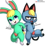 absurd_res animal_crossing anthro balls blonde_hair blue_eyes blush cloudeon domestic_cat duo english_text felid feline felis fur genitals green_body green_fur grey_body grey_fur hair hand_holding heterochromia hi_res lagomorph leporid male mammal nintendo penis rabbit raymond_(animal_crossing) sasha_(animal_crossing) simple_background take_your_pick tapering_penis text url white_background