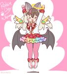  1girl angel angel_wings animal_ears arms_up bat_ears bat_girl bat_wings boots bow bowtie brown_hair brown_long-eared_bat_(kemono_friends) coroha extra_ears full_body gloves grey_hair jacket jumping kemono_friends kemono_friends_v_project long_hair microphone pantyhose pink_background shirt simple_background skirt solo virtual_youtuber wings 