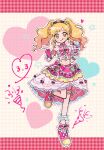  1girl :q aikatsu!_(series) aikatsu_stars! bare_shoulders blonde_hair blush bow bracelet bridal_garter brooch checkered_background dated dot_nose dress gloves gradient_hair happy_birthday heart heart_brooch highres holding idol jewelry lace-trimmed_skirt lace_trim looking_at_viewer medium_dress medium_hair midriff multicolored_hair navel nijino_yume orange_eyes ote parfait pink_dress pink_footwear skirt solo standing standing_on_one_leg tiara tongue tongue_out twintails 