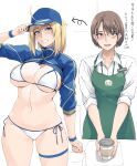  1girl apron artoria_pendragon_(fate) barista baseball_cap bikini blonde_hair blue_eyes blue_headwear breasts brown_eyes brown_hair collared_shirt cosplay cup disposable_cup glasses green_apron grin hand_on_headwear hat highres large_breasts light_blush long_hair looking_at_viewer mole mole_under_eye mysterious_heroine_xx_(fate) mysterious_heroine_xx_(fate)_(cosplay) mysterious_heroine_xx_(second_ascension)_(fate) name_tag original ponytail shirt short_hair shrug_(clothing) side-tie_bikini_bottom simple_background smile swimsuit thigh_strap translation_request white_background white_bikini white_shirt zekkyon 