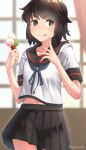  1girl black_hair black_skirt brown_hair food food_on_face highres holding holding_food holding_ice_cream holding_ice_cream_cone ice_cream ice_cream_cone izumikuma kantai_collection licking_lips miniskirt miyuki_(kancolle) miyuki_kai_ni_(kancolle) pleated_skirt school_uniform serafuku short_hair short_sleeves skirt solo tongue tongue_out 