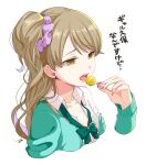  1girl am._(an_s21r) bow bowtie breasts brown_hair candy cardigan collared_shirt cropped_torso earrings fingernails food gyaru hair_ornament hair_scrunchie highres holding holding_candy holding_food holding_lollipop idolmaster idolmaster_cinderella_girls jewelry light_brown_hair lollipop long_fingernails loose_bowtie morikubo_nono one_side_up open_mouth red_nails scrunchie shirt small_breasts solo stud_earrings upper_body yellow_eyes 