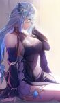  1girl bare_shoulders breasts from_side genshin_impact hair_ornament hand_up highres large_breasts long_hair mitsukayurie official_alternate_costume parted_lips shenhe_(frostflower_dew)_(genshin_impact) shenhe_(genshin_impact) sitting solo thighs vision_(genshin_impact) 