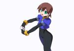  1girl aile_(mega_man_zx) black_bodysuit blue_footwear blue_jacket bodysuit bodysuit_under_clothes brown_hair commentary_request cropped_jacket green_eyes jacket kaidou_zx looking_at_viewer mega_man_(series) mega_man_zx no_pants outstretched_arms robot_ears short_hair simple_background white_background 