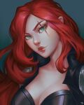  1girl absurdres black_jacket breasts closed_mouth collarbone gradient_background green_eyes grey_background highres jacket jir_jir_(gihigashi) katarina_(league_of_legends) large_breasts league_of_legends long_hair red_hair red_lips scar scar_across_eye solo translation_request upper_body 