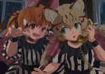  2girls animal_ears brown_eyes brown_hair cat_ears cat_girl cat_tail choker dress extra_ears fashion_monster geoffroy&#039;s_cat_(kemono_friends) green_eyes grey_hair hane_(kirschbaum) highres kemono_friends kemono_friends_v_project large-spotted_genet_(kemono_friends) long_hair multiple_girls phone ribbon tail twintails virtual_youtuber wristband 