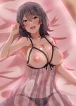  1girl babydoll bed_sheet black_babydoll black_hair black_panties blush breasts cleavage collarbone dars_(recolors) large_breasts looking_at_viewer lying nipples on_back open_mouth panties short_hair solo underwear underwear_only yahari_ore_no_seishun_lovecome_wa_machigatteiru. yukinoshita_haruno 