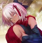  1girl ahoge arm_guards asahi_(fullmetal_madness) bare_shoulders black_bow blush bow breasts breasts_squeezed_together dark-skinned_female dark_skin fate/grand_order fate_(series) hair_bow large_breasts okita_souji_(fate) okita_souji_alter_(fate) open_mouth red_scarf scarf short_hair sideboob solo white_hair 