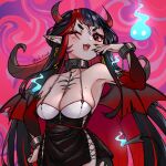  1girl black_hair blue_fire breasts cleavage cuffs demon_girl demon_horns demon_tail detached_sleeves evil_smile fire handcuffs highres hime_cut hojo_studio horns long_hair morie_(hojo_studio) nail pointy_ears red_eyes rie_ccat smile solo tail virtual_youtuber 