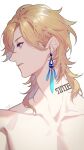  1boy aventurine_(honkai:_star_rail) bishounen blonde_hair earrings from_side honkai:_star_rail honkai_(series) jewelry male_focus neck_tattoo purple_eyes short_hair simple_background solo tattoo tooaya topless upper_body white_background 