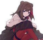  1girl animal_ear_fluff animal_ears arknights bear_ears black_jacket black_sailor_collar brown_hair closed_mouth commentary_request feet_out_of_frame fur-trimmed_jacket fur_trim grey_hair jacket long_hair long_sleeves looking_at_viewer multicolored_hair odjikasu one-hour_drawing_challenge pantyhose puffy_long_sleeves puffy_sleeves red_hair red_pantyhose sailor_collar shirt simple_background sitting smile solo streaked_hair thigh_strap white_background white_shirt zima_(arknights) 