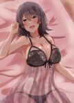  1girl babydoll bed_sheet black_babydoll black_hair black_panties blush breasts cleavage collarbone cupless_babydoll dars_(recolors) large_breasts looking_at_viewer lying nipples on_back open_mouth panties short_hair solo underwear underwear_only yahari_ore_no_seishun_lovecome_wa_machigatteiru. yukinoshita_haruno 